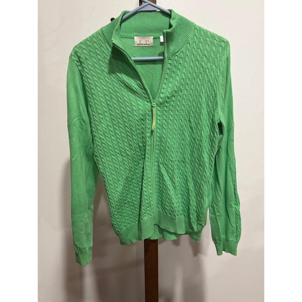 EP Pro Green Cable Knit Full Zip Cardigan Sweater Mock Neck Womens M Sporty Club